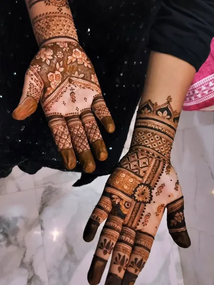 A unique design that combines floral patterns on one hand with geometric grids on the other. This asymmetrical approach is great for clients who want something a little different.
