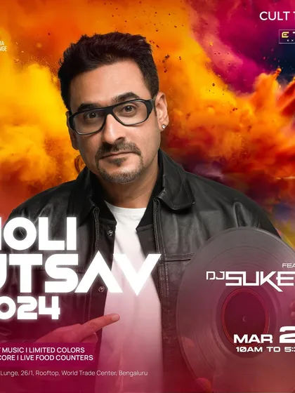The main announcement poster for Holi Utsav 2024 featuring DJ Suketu. We highlight the key features of the event: 8 hours of music, limited colors, and live food counters.