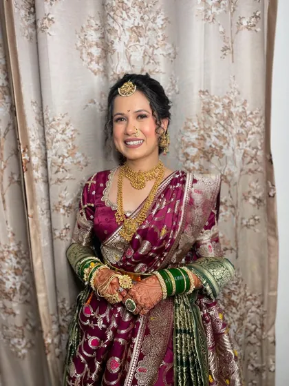 The full look, showing how we blended two cultures into one stunning engagement style. The makeup is classic, with a focus on radiant skin.