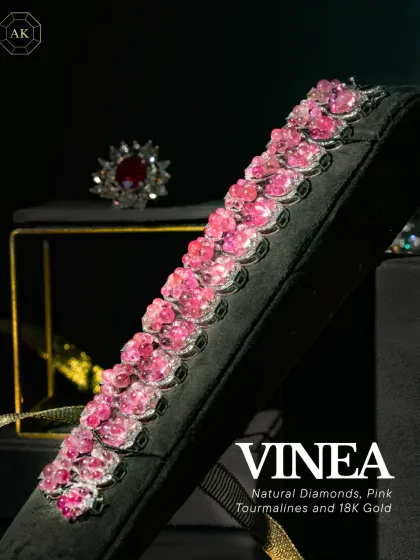 The Vinea bracelet, crafted with natural diamonds, pink tourmalines, and 18k gold, showcased for Jewellery Arabia.