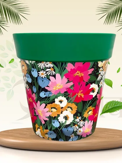 This 8-inch plastic planter is covered in a vibrant, colorful flower print. It's a cheerful and artistic pot that can instantly brighten up any room or balcony space.