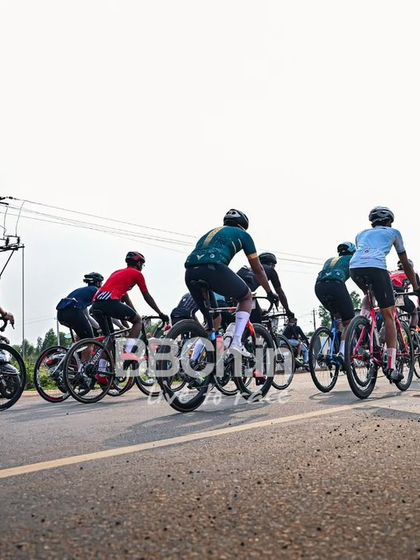 The peloton from behind, showing the long line of riders.
