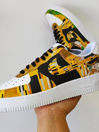 Holding the finished Klimt sneaker. It was an absolute honor and joy to create what felt like a true one-of-a-kind pair in the entire world.