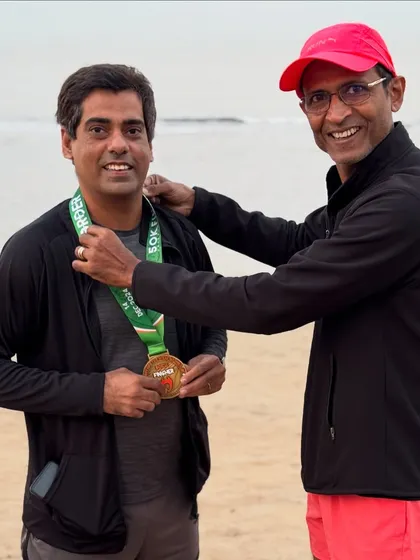 Coach celebrating with Rajesh Sharma after he finished the grueling Hells Race - The Border Run 50km. We are proud of his determination.