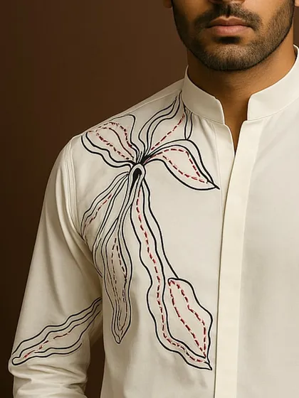 A detailed view of the abstract floral embroidery on the mandarin collar shirt. The red accent stitching adds a subtle pop of color to the intricate design.