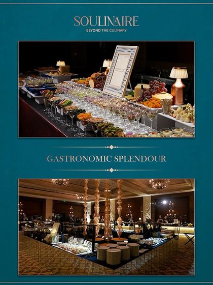 A collage showcasing gastronomic splendour, from elaborate grazing tables to grand, mirrored buffet setups. We design feasts for the eyes.