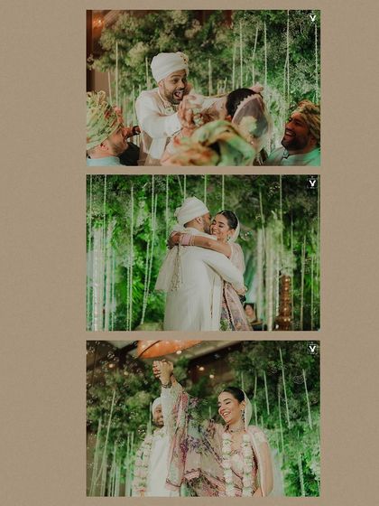 A collage of joyful moments during the varmala ceremony. The images capture the fun, the laughter, and the loving embrace that follows the exchange of garlands.