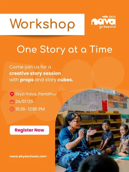 'One Story at a Time' is a creative session where imagination takes center stage. An instructor engages a group of captivated children with story cubes and props, fostering their confidence and clarity in expression.