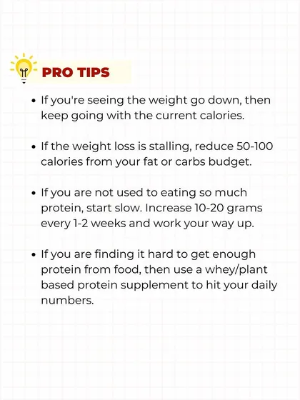Here are some pro tips: if weight loss stalls, reduce calories by 50-100. If you're new to high protein, increase it slowly. If you can't get enough protein from food, use a supplement. It's that simple.