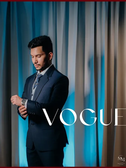 A groom's portrait with a "Vogue" magazine cover style. This shot is all about capturing modern style, confidence, and high-fashion elegance.