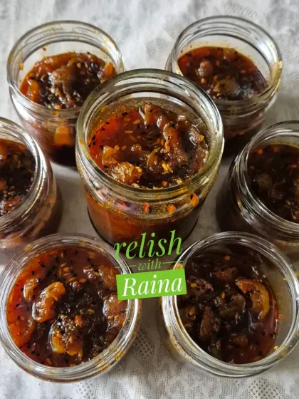 A batch of my sweet and sour amla pickle, showing the beautiful glaze from the sweet and tangy syrup. This pickle is perfect for those who enjoy a less spicy, more flavourful condiment with their meals.