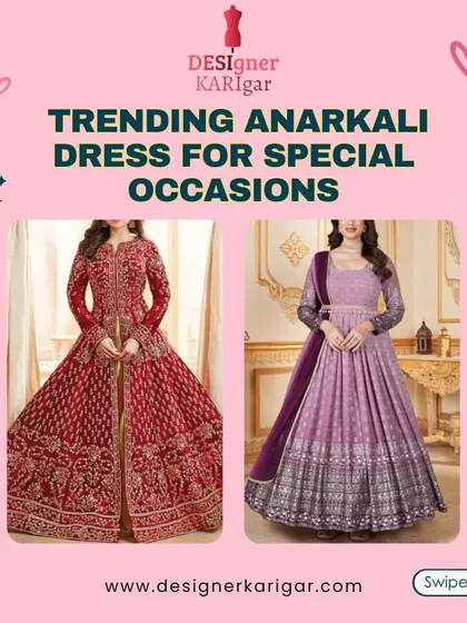 A showcase of royal Anarkali designs, including a rich red layered Anarkali and a beautiful purple printed one.