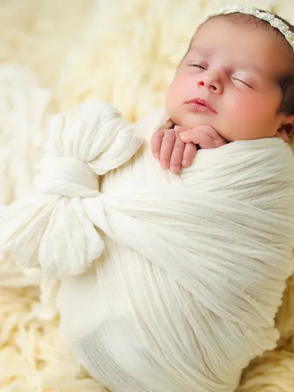Simplicity at its finest. A newborn is elegantly wrapped in a textured white swaddle with a bow detail, resting on a soft, cream-colored fur blanket for a serene and angelic look.