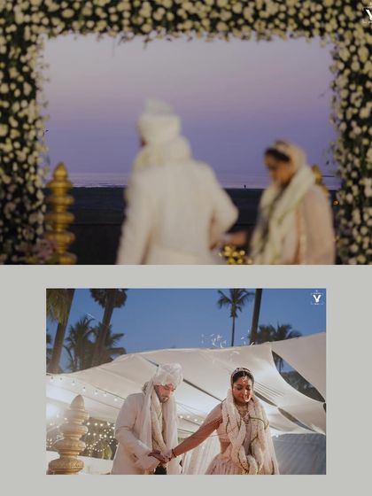 A collage showing the couple's first moments at the mandap. The blurry, artistic shot transitioning to a clear one captures the dreamlike quality of the sunset ceremony.