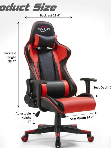 A detailed diagram showing the product dimensions and adjustable features of our red and black gaming chair.