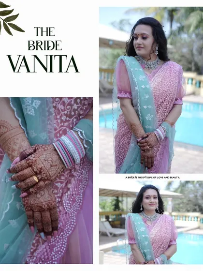 A collage dedicated to the bride, Vanita, on her engagement day. The images highlight her beautiful pink and blue saree, intricate henna, and elegant jewelry.