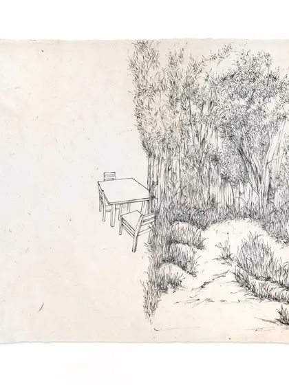 A graphite drawing on rice paper titled 'Life and Distance' by Mohit Mahato, capturing a serene, slightly surreal landscape.