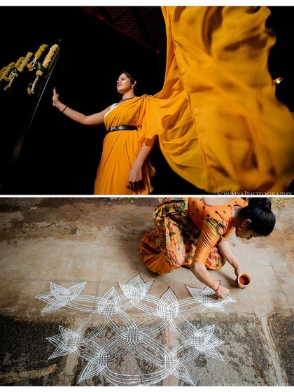 A collage celebrating the color yellow, with a bride's flowing saree and another woman creating a traditional rangoli design.