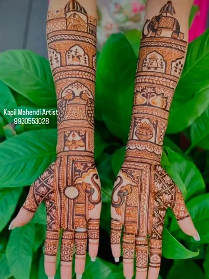 Your wedding story, told through mehendi. This design includes traditional Rajasthani elements like palace architecture, royal elephants, and beautiful peacocks, creating a complete baraat scene on the arms.