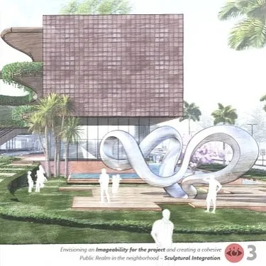 This concept sketch envisions a public realm with sculptural integration. The design for this urban extension includes a prominent public art installation, creating a unique identity and an 'instagrammable' moment that enhances the project's imageability.