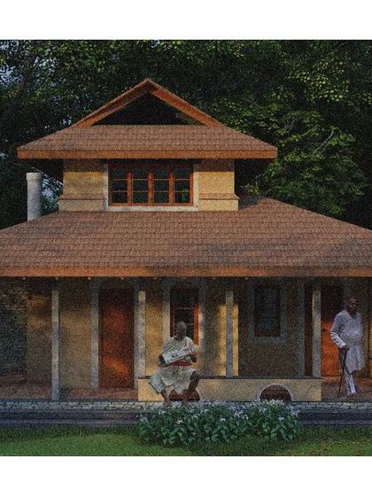This rendering shows the front veranda or 'jagali' of the mud house. It's designed as a social space for sitting and interacting with neighbors or enjoying the view, embodying the community spirit of traditional village life.
