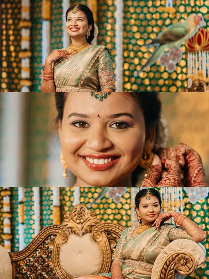 A collage of a bride's portraits from her engagement, showcasing her bright smile and beautiful attire.