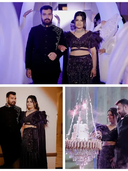 This collage captures the highlights of a glamorous Sangeet night. It shows the couple's coordinated entry, their stylish portraits, and the celebratory cake cutting, telling the story of an unforgettable party.