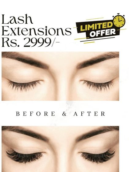 A clear before-and-after comparison showcasing the impact of our lash extensions. This graphic highlights how the service adds volume and length for a more dramatic and defined eye look.
