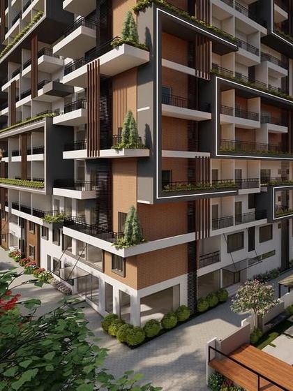 A perspective render of the apartment building, highlighting the modern facade with its mix of materials and projecting balconies. The design ensures that each unit has access to private outdoor space.