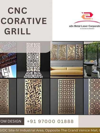 This collage displays a variety of our CNC decorative grill designs. It shows different patterns, from floral and leafy to geometric, used in applications like balcony railings, wall art, and ceiling panels, highlighting our design versatility.