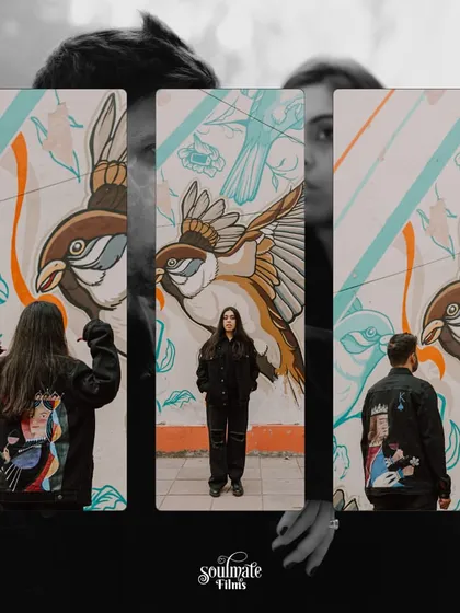 A unique collage featuring custom-painted jackets and street art. This is a great example of how we can incorporate personal style and urban elements into a pre-wedding shoot to make it truly one-of-a-kind.