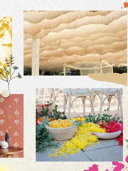 Finalizing the 'Haldi Holi' concept with inspiration for the draped ceilings and the playful scattering of flower petals.