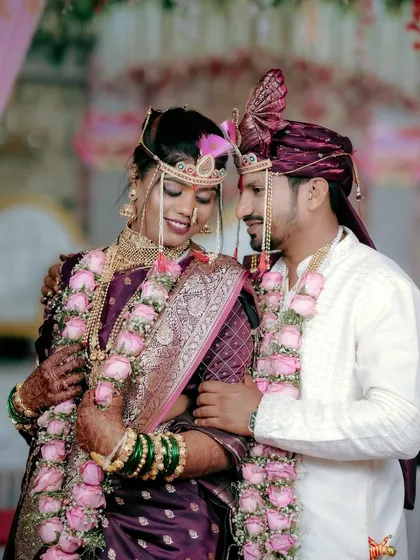 A classic portrait of a couple during their Maharashtrian wedding ceremony. We balance candid shots with beautifully composed traditional portraits that you and your family will cherish forever.