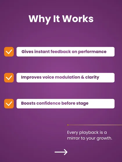 This graphic explains why recording your practice works so well. It gives you instant feedback, improves voice modulation and clarity, and boosts your confidence before you hit the stage.