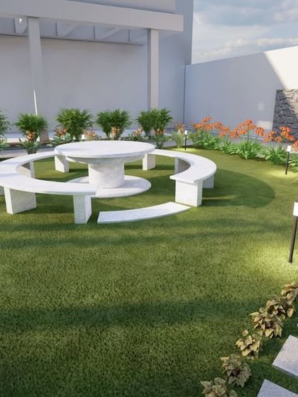 A detailed 3D view of a custom designed circular stone bench in a garden. We can model bespoke furniture and features to make your space truly one of a kind.