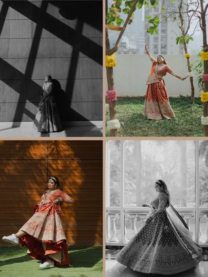 A fun and dynamic collage of the bride showing off her personality. From posing in sneakers with her lehenga to striking a pose against a wall, these shots are full of life and character.
