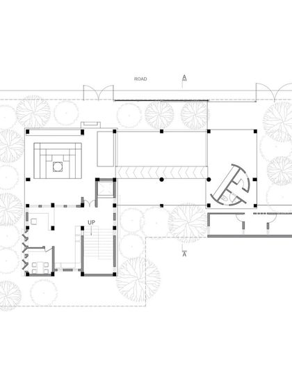 The ground floor plan of the ASA Office, showing the stepped well, wetland area, and the building's open footprint. This plan demonstrates how we turned a site challenge (waterlogging) into a central design feature.