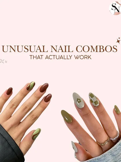 This collage introduces a series on unusual nail color combinations that actually work, starting with two examples of green and brown designs.