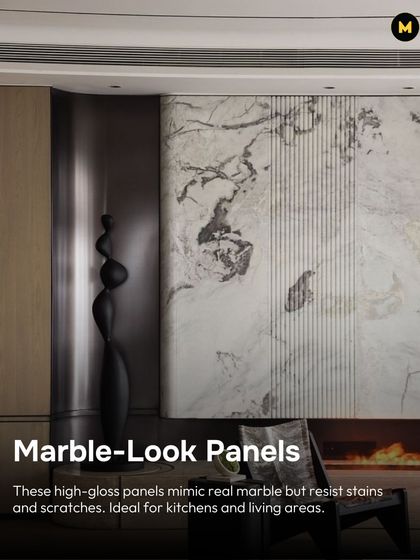 High-gloss marble-look panels mimic the beauty of real marble but are much more resistant to stains and scratches. This makes them a great choice for high-use areas like kitchens and living rooms.