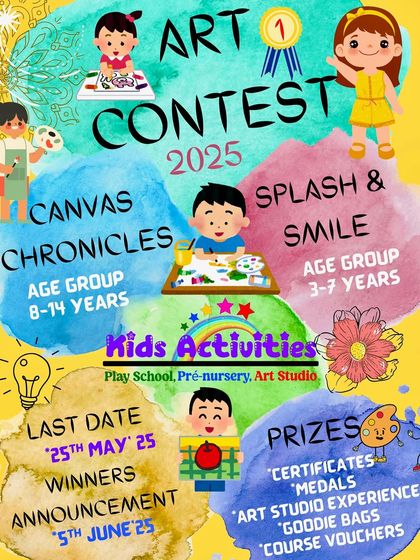 Announcing our online Art Stars 2025 contest for ages 3-14. With fun themes like "Canvas Chronicles" and "Splash & Smile," it's a great chance for kids to win exciting prizes like certificates, medals, and goodie bags.
