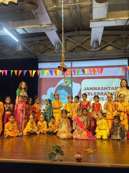 The entire cast of our pre-primary Janmashtami performance on stage. These little Gopiyas and Kanhas stole the show with their charm and energy.