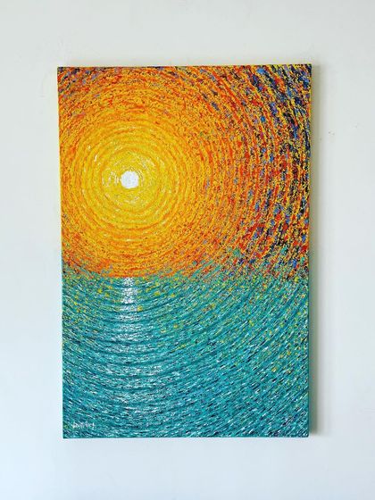 'ScapeLand' is an abstract landscape created with a palette knife. It's an invitation to break from monotony and see the world differently, reimagining a familiar sunset over water with texture and unconventional patterns.