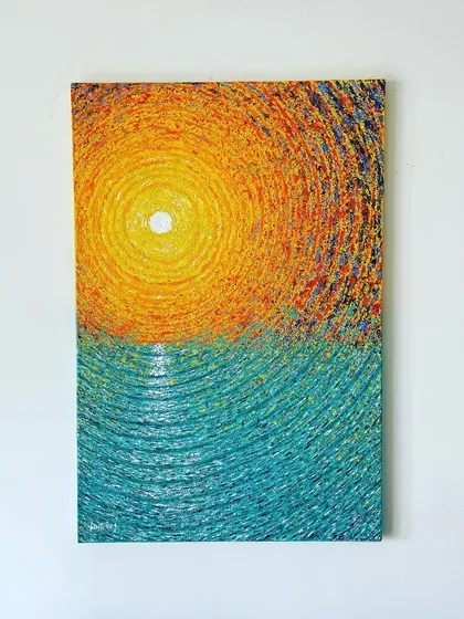 'ScapeLand' is an abstract landscape created with a palette knife. It's an invitation to break from monotony and see the world differently, reimagining a familiar sunset over water with texture and unconventional patterns.