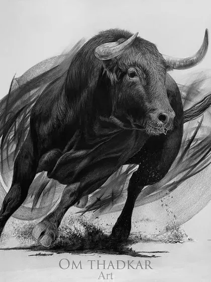This piece, 'Mighty Rush', captures the explosive energy of a charging bull. I used charcoal on a large 3 by 4 foot linen canvas to bring out the raw power and motion, making it feel as if it could leap from the frame.