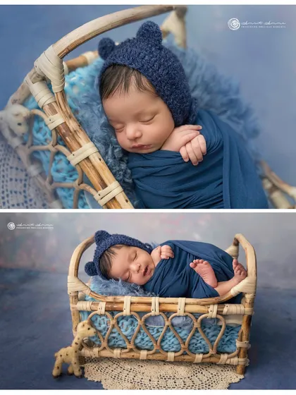 A collage showing different angles of the blue bear theme, highlighting the textures of the knit wrap and the cute cane basket prop.