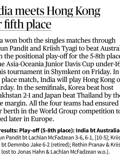The Hindu newspaper reporting on India's win over Australia in the Junior Davis Cup, with our player Aarjun Pandit winning his singles match.