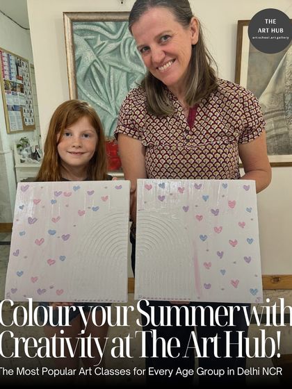 Colour your summer with creativity at The Art Hub. A mother and daughter proudly show off the matching textured paintings they created together in a family-friendly workshop.