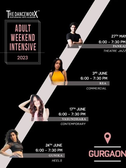 The schedule for our Adult Weekend Intensive in Gurgaon, featuring workshops in Theatre Jazz, Commercial, Contemporary, and Heels.