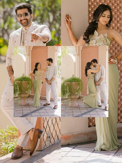 A collage showing individual portraits and couple shots from a Mehendi ceremony, highlighting their style and the intimate moments they shared.