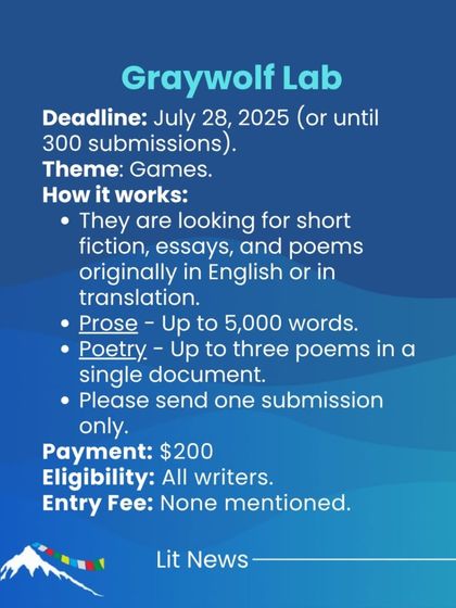 Graywolf Lab is looking for short fiction, essays, and poems on the theme of 'Games' for their upcoming publication.